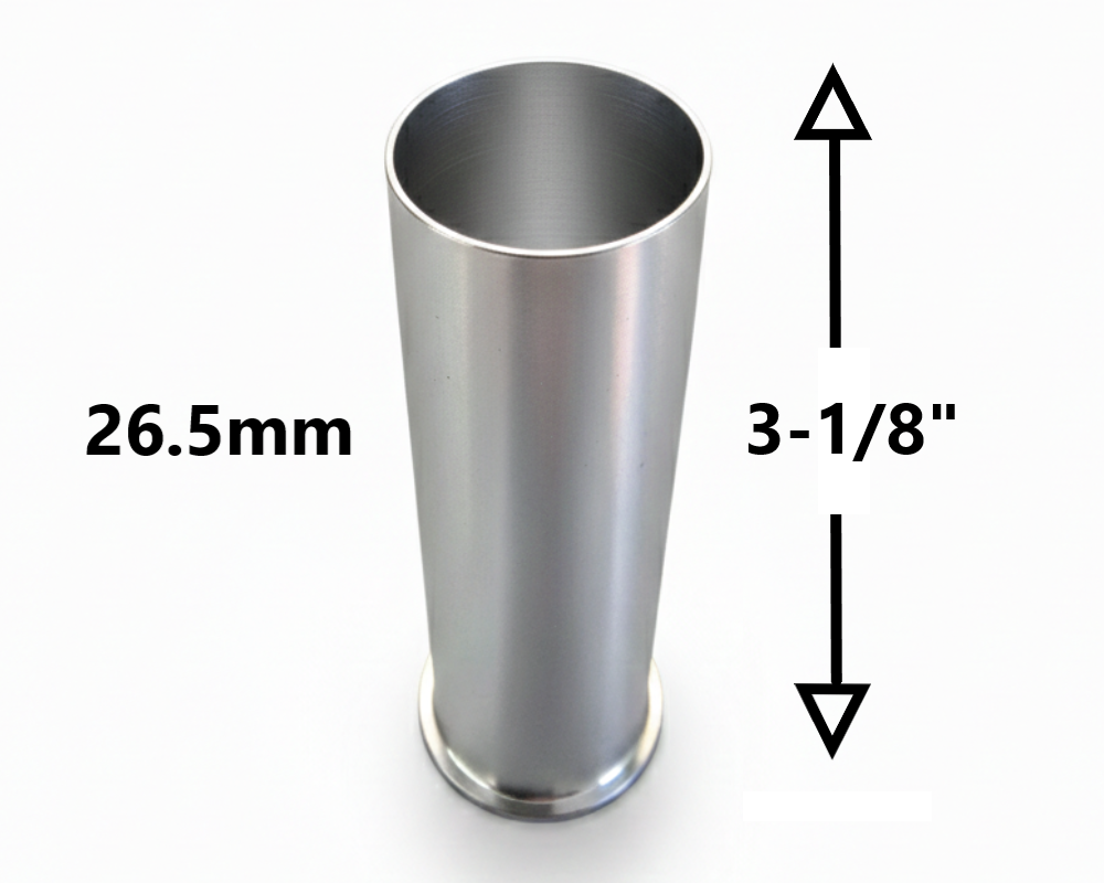 Aluminum 26.5mm 3-1/8" Launcher Casing Hull with measurements.