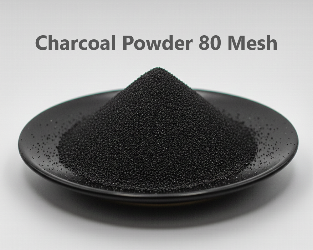 Black charcoal powder on a black plate with 'Charcoal Powder 80 Mesh' text on a gray background