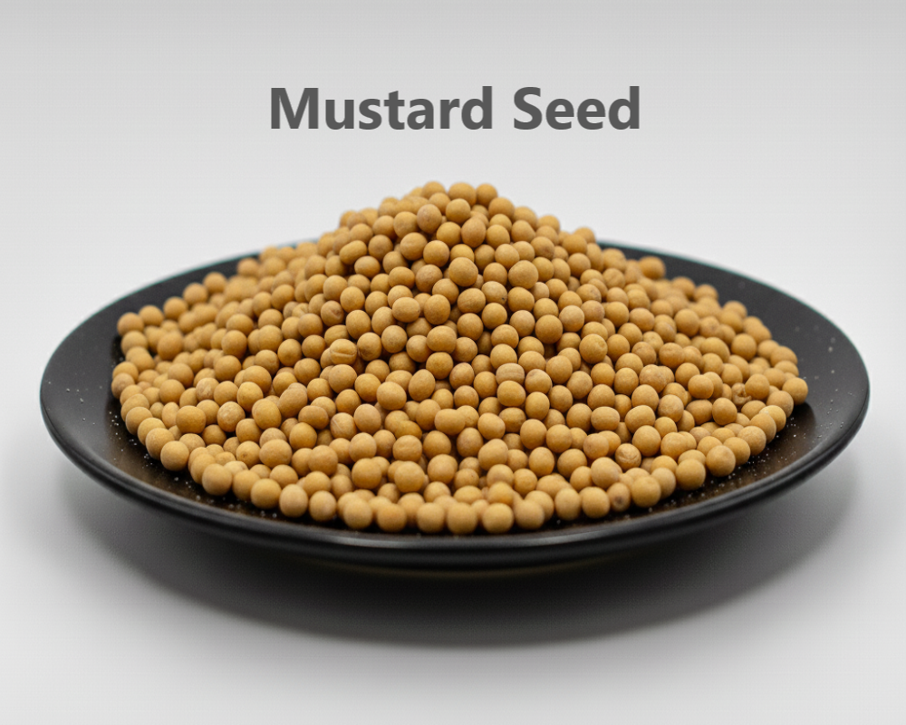 Mustard seeds on a black plate with 'Mustard Seed' text above.