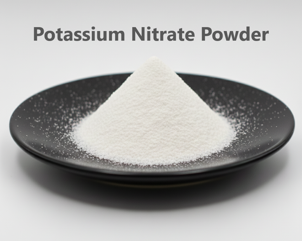 White potassium nitrate powder on a black plate with a white background
