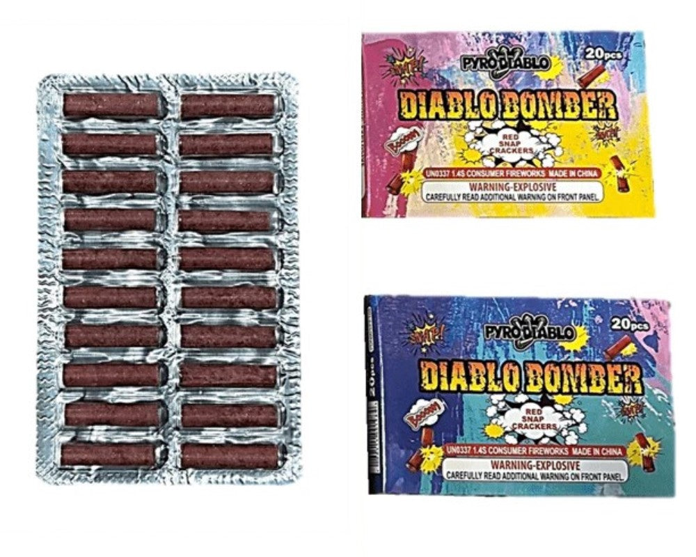Two packages of Diablo Bomber fireworks with packaging details.