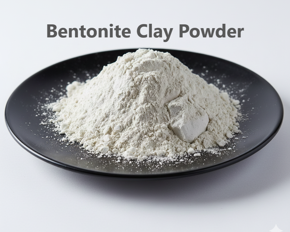 Bentonite clay powder on a black plate with text 'Bentonite Clay Powder' above it.