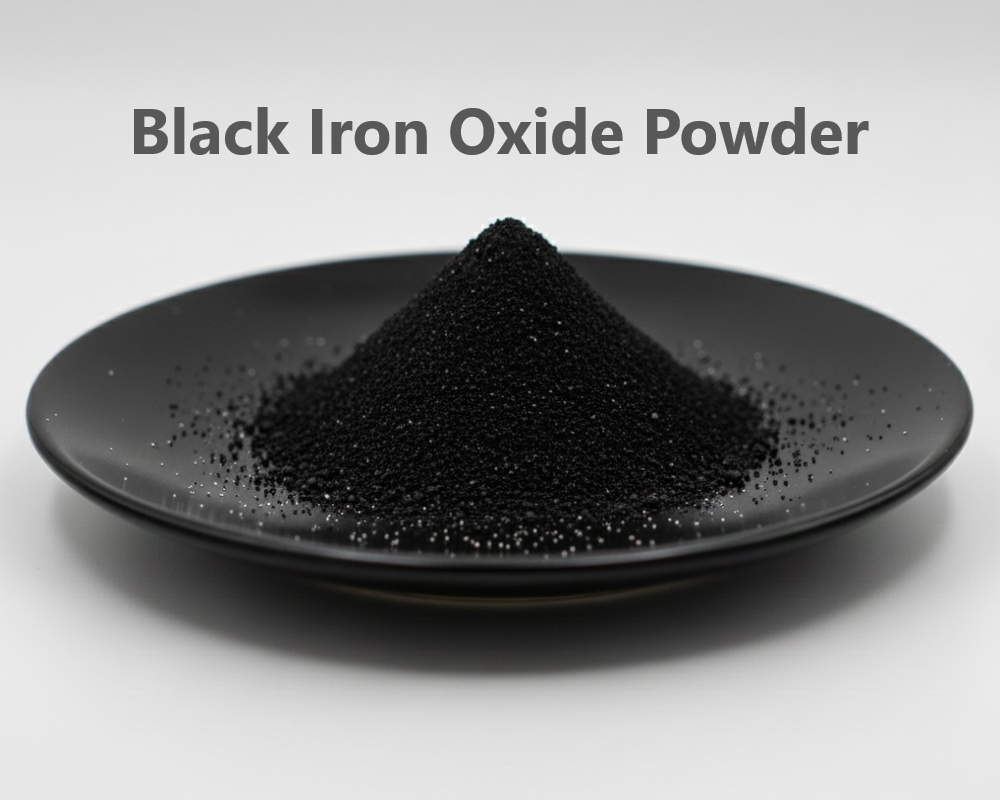 Black iron oxide powder on a black plate with text 'Black Iron Oxide Powder' on a gray background