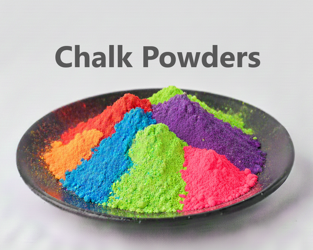 Colorful chalk powders on a black plate with 'Chalk Powders' text above.