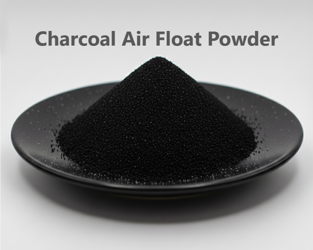 Black charcoal air float powder on a black plate with a gray background