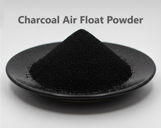 Black charcoal air float powder on a black plate with a gray background