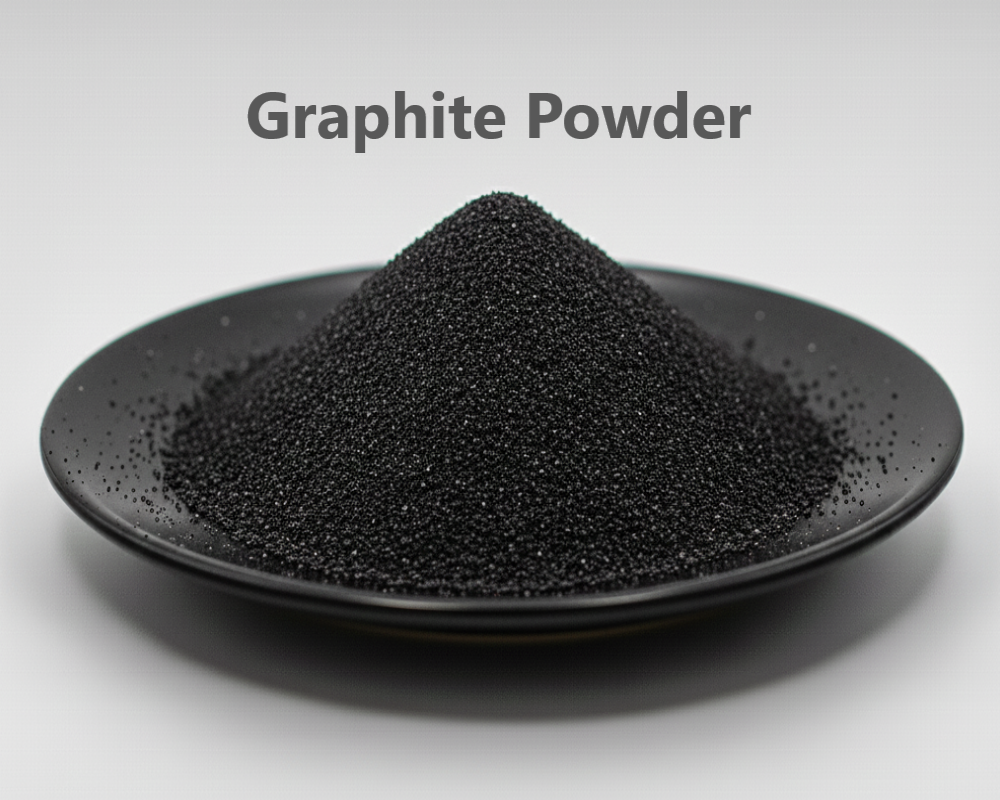 Black graphite powder on a black plate with 'Graphite Powder' text above.