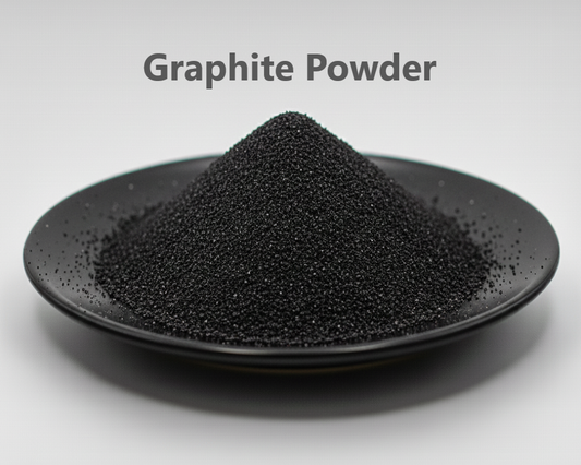 Black graphite powder on a black plate with 'Graphite Powder' text above.