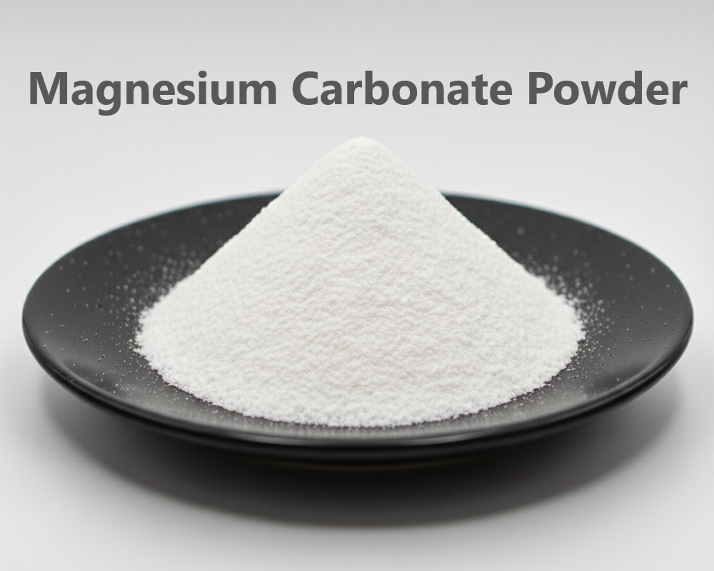 White magnesium carbonate powder on a black plate with text 'Magnesium Carbonate Powder' on a gray background