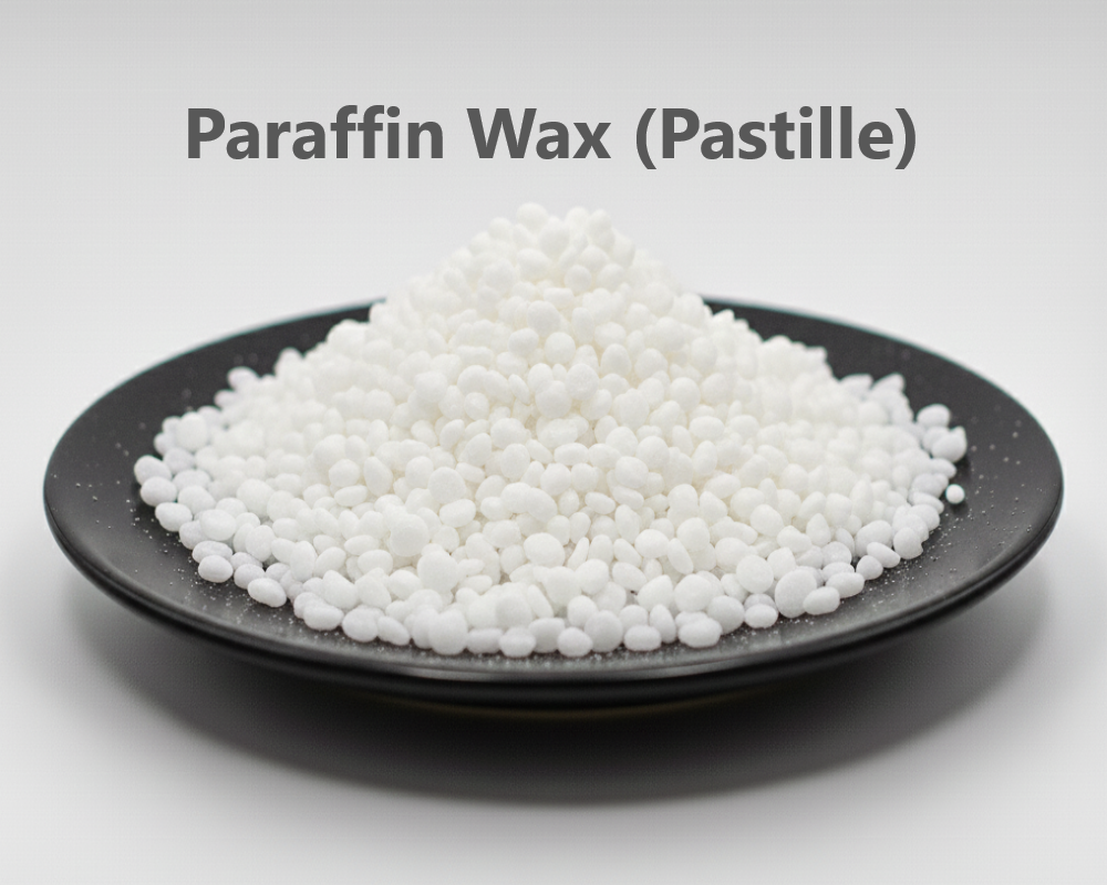 White paraffin wax pastilles on a black plate with 'Paraffin Wax (Pastille)' text above.