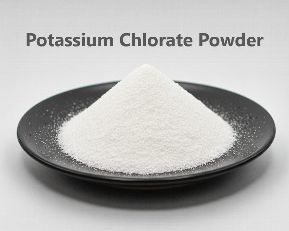 White potassium chloride powder on a black plate with a gray background