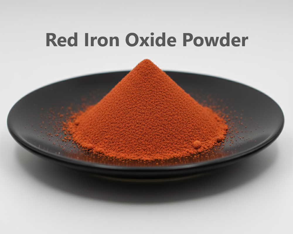 Red iron oxide powder on a black plate with a gray background