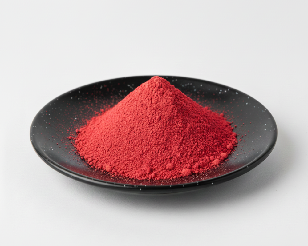 Red powder on a black plate against a white background