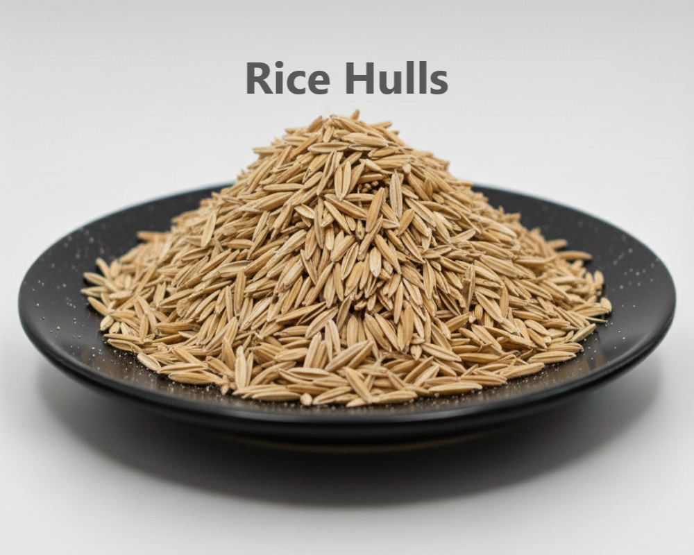 Rice hulls on a black plate with 'Rice Hulls' text above.