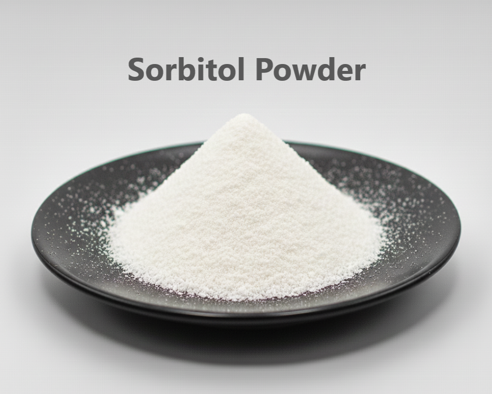 Sorbitol powder on a black plate with 'Sorbitol Powder' text above.