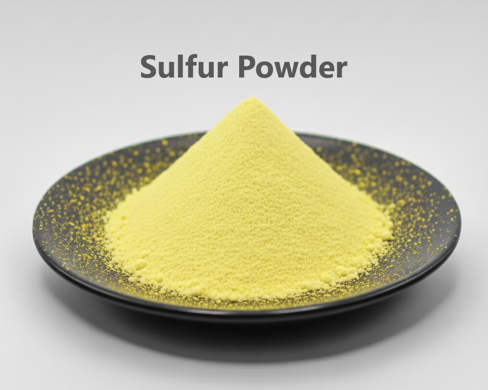 Yellow sulfur powder on a black plate with 'Sulfur Powder' text above.