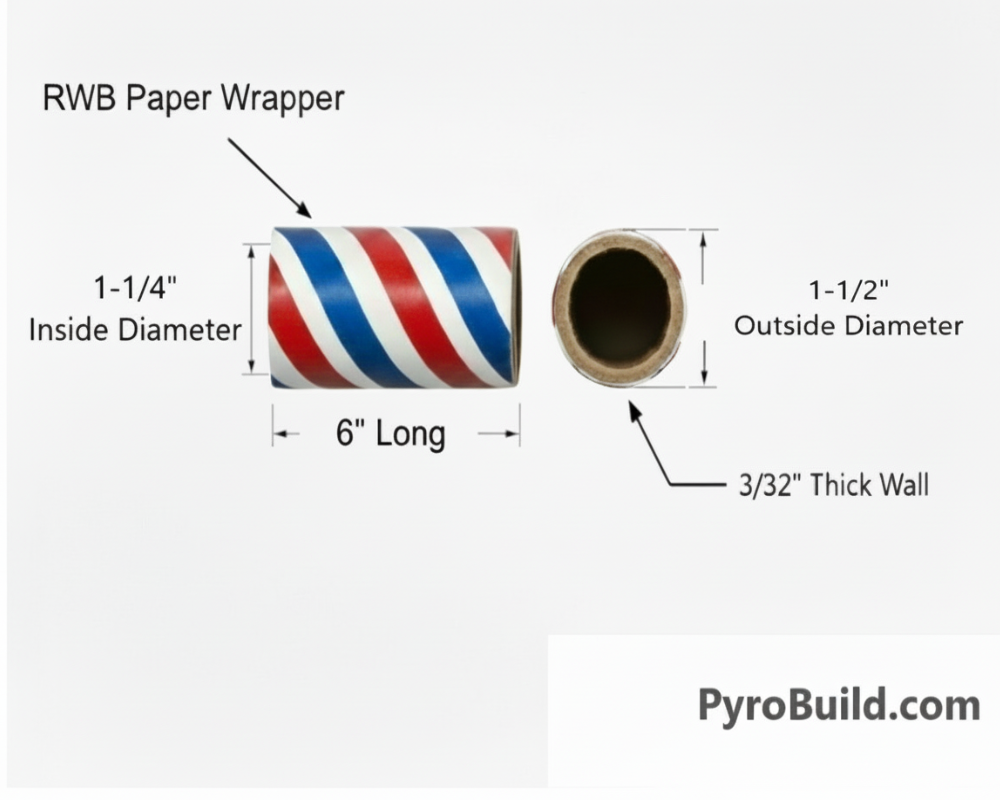 Diagram of RWB paper wrapper with dimensions and PyroBuild.com branding.