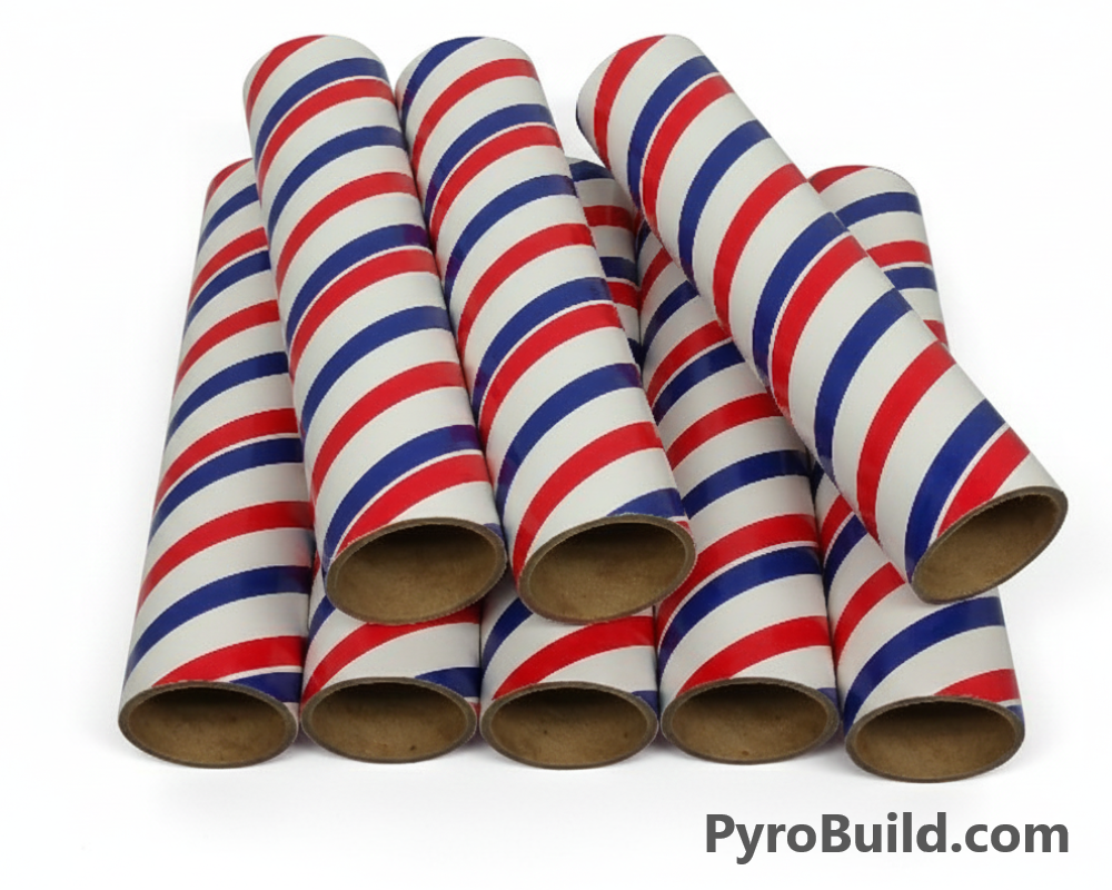 Set of cardboard tubes with red, white, and blue stripes on a white background