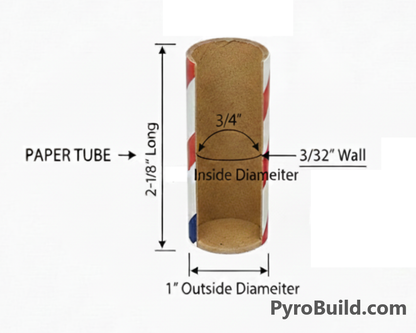 Measurement chart of a paper tube with dimensions labeled, featuring PyroBuild.com branding.