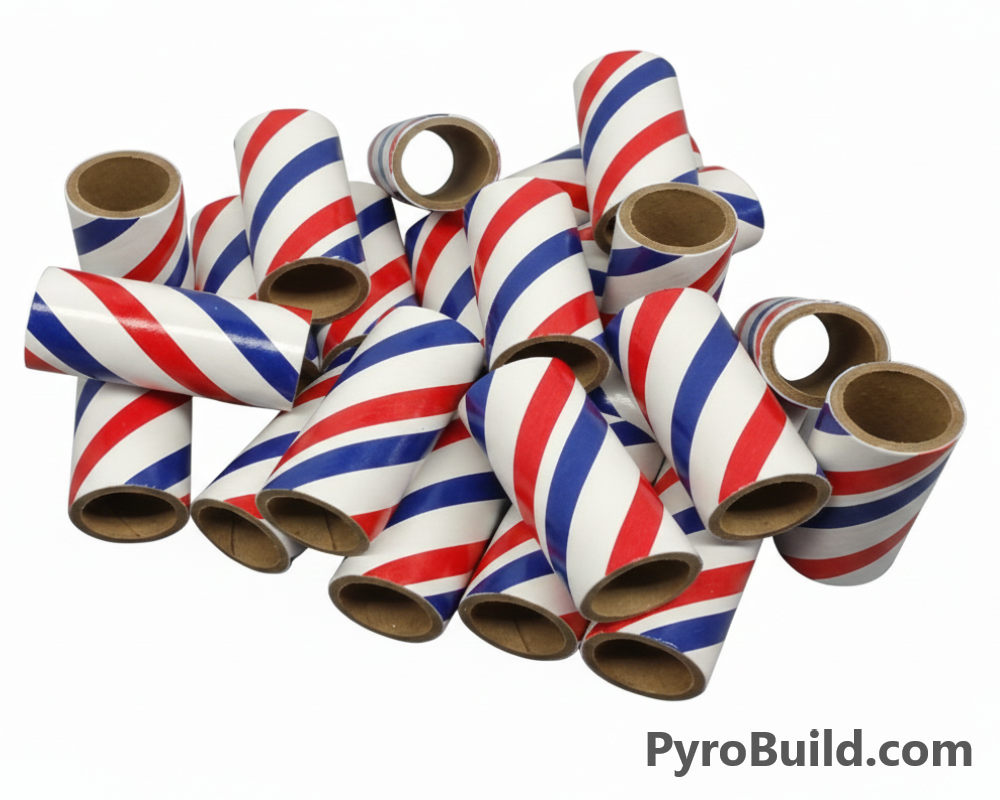 Cardboard tubes with red, white, and blue stripes on a white background