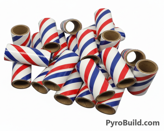 Cardboard tubes with red, white, and blue stripes on a white background