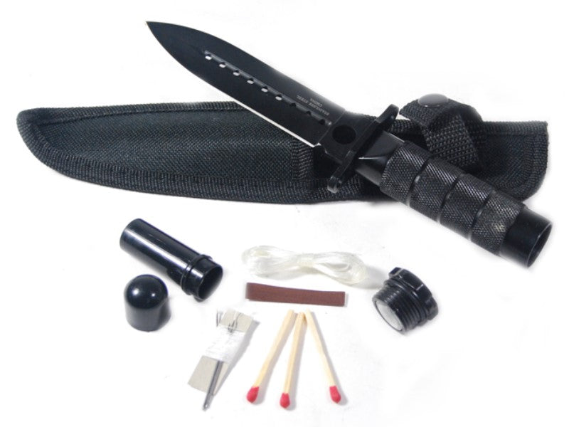 8" Stainless Steel Black Hunting Knife With Survival Kit